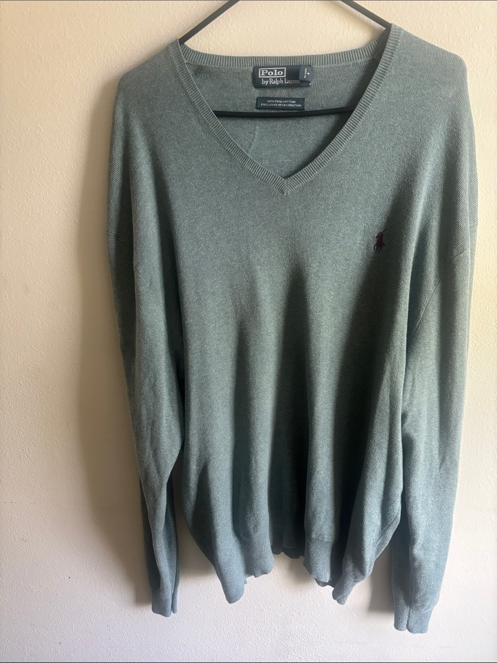 Polo by Ralph Lauren Men's V-Neck Sweater in Sage Green with Embroidered Pony